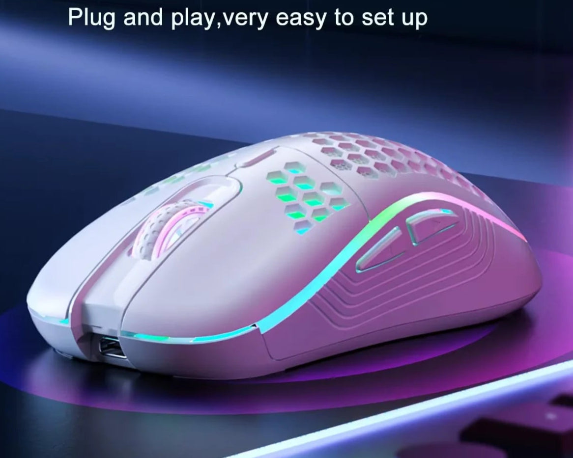2.4G Wireless Mouse with RGB Backlit 6-Button 3-Speed DPI Type C Rechargeable Ergonomic Honeycomb Design Gaming Mouse